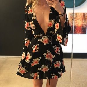 Floral deep V mini dress with bell sleeves